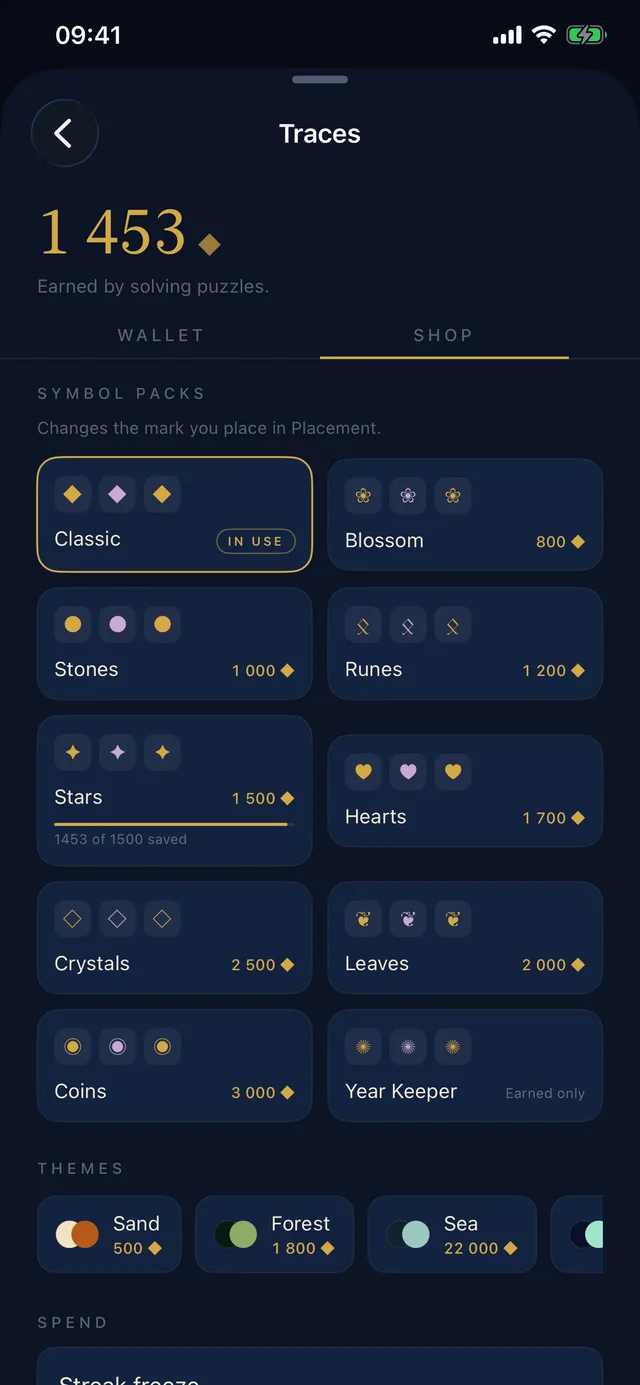 The Traces store, with symbol packs and themes